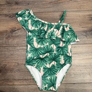 Janie and Jack Pink One-Shoulder Ruffle Palm Leaf Print Swimsuit